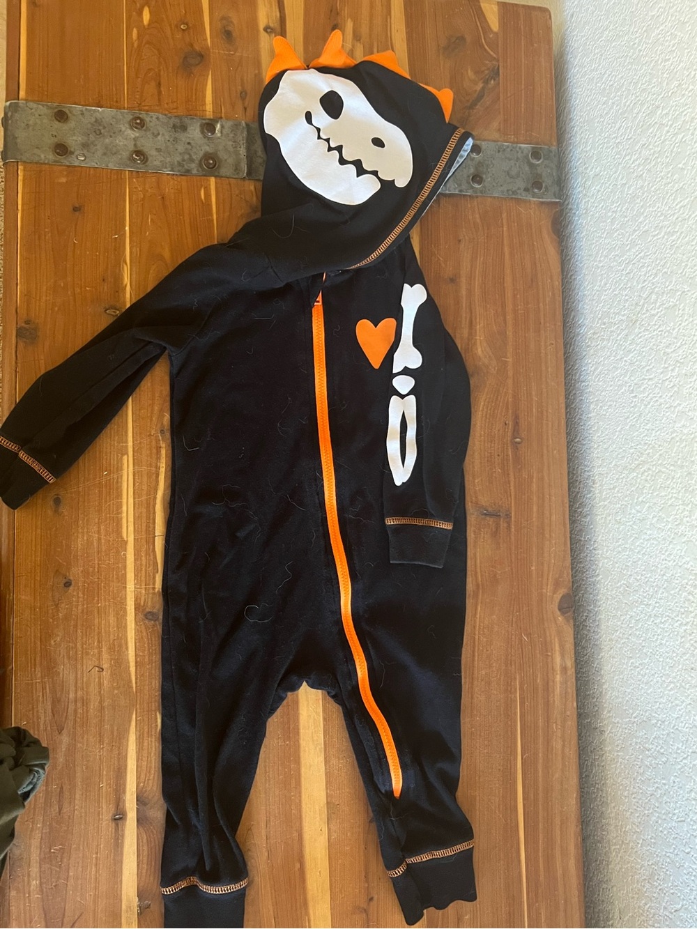 Cat & Jack Black One-Piece Hoodie with Orange Trim and Skeleton Dino Graphics
